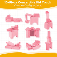 10-Piece Modular Convertible Kids Play Couch Sofa Set with Removable Velvet Covers (Pink)