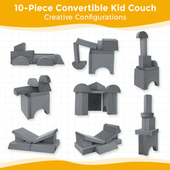 10-Piece Modular Convertible Kids Play Couch Sofa Set with Removable Velvet Covers (Grey)