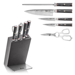 YARI Series 6-Piece Knife Block Set, X-7 Damascus Steel, HUA Ash Wood Block, 501363