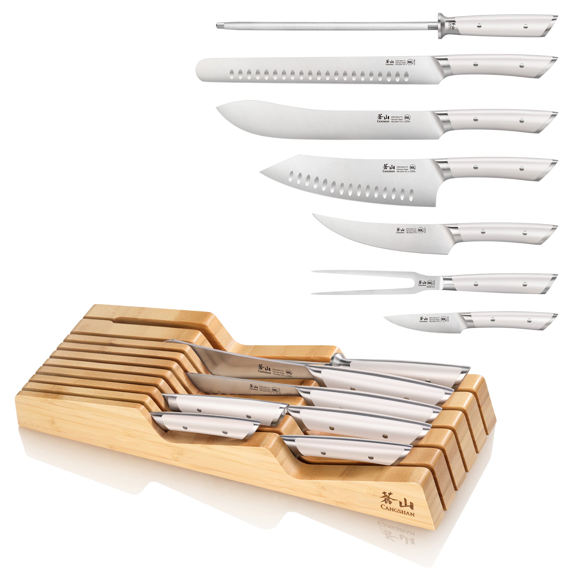 HELENA Series 8-Piece In-Drawer BBQ Knife Set, Forged German Steel, Bamboo Tray