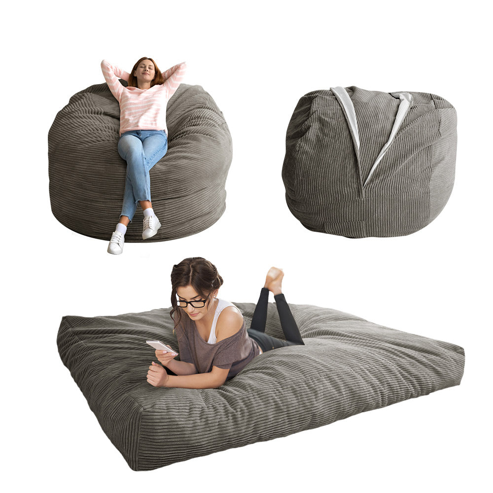 MAXYOYO Convertible Bean Bag Bed, 4ft Corduroy Bean Bag Chairs that Turn into Beds Queen, Dark Grey