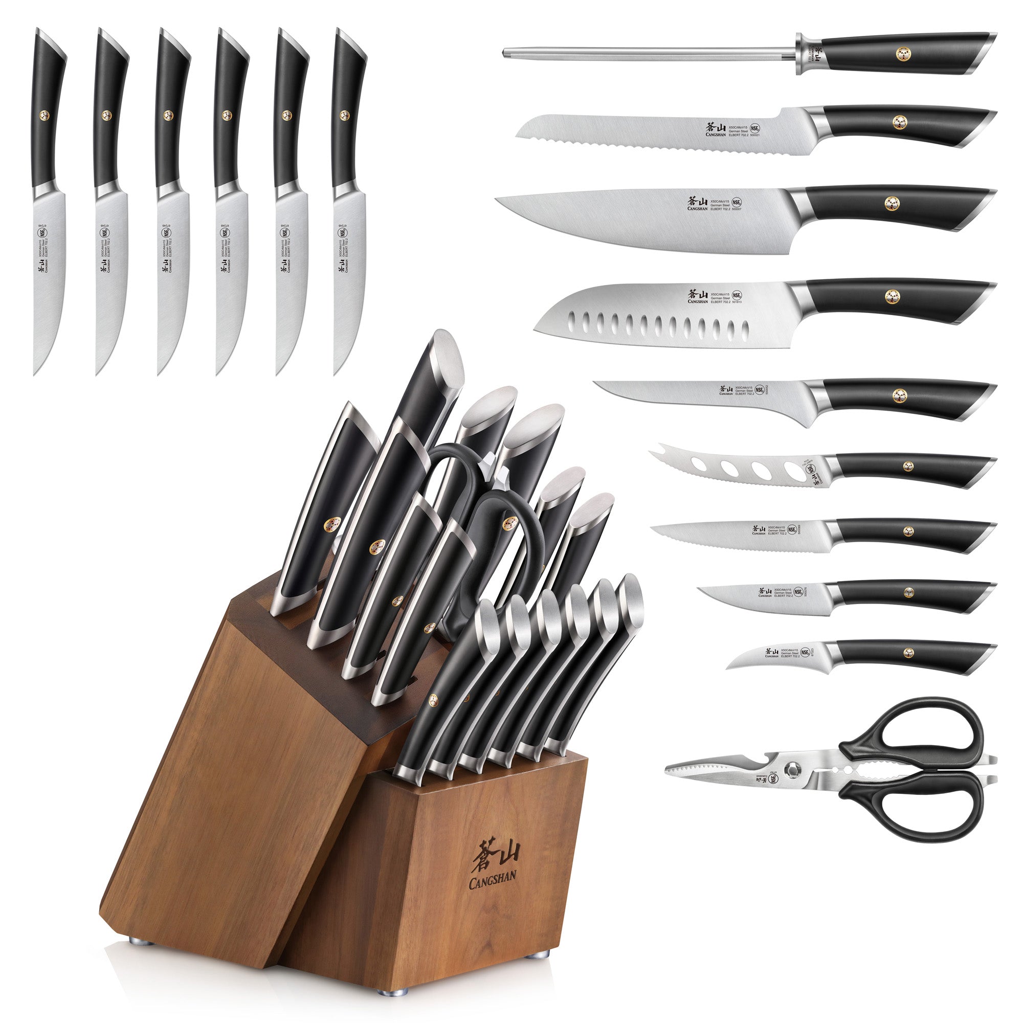 ELBERT Series 17-Piece Knife Block Set, Forged German Steel, Acacia Block