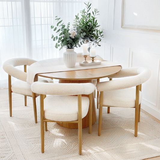 Dwen & Melbourne 46" Round & Boucle Dining Table Set for 4 (5-Piece)