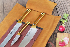 N1 Series 4-Piece Leather Roll Knife Set, Gold Plated Handle, Forged German Steel, 62618