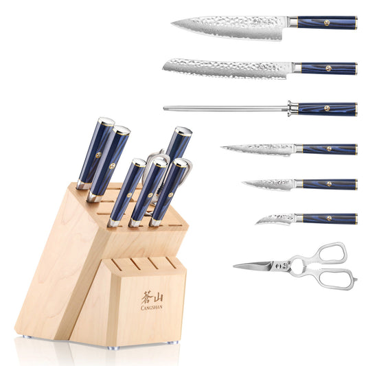 KITA Series 8-Piece Knife Block Set with Empty Slots, High Carbon X-7 Damascus Steel, 16-Slot Maple Block, 503862