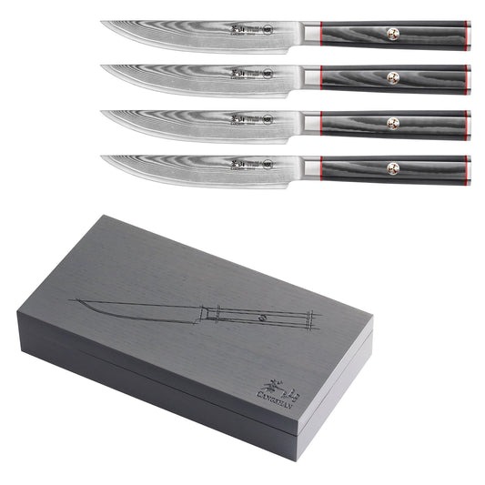 YARI Series 4-Piece Fine Edge Steak Knife Set with Ash Wood Box, X-7 Damascus Steel, 501325