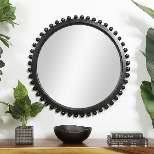 Black Mango Wood Wall Mirror With Beaded Detailing 35" X 2" X 35"