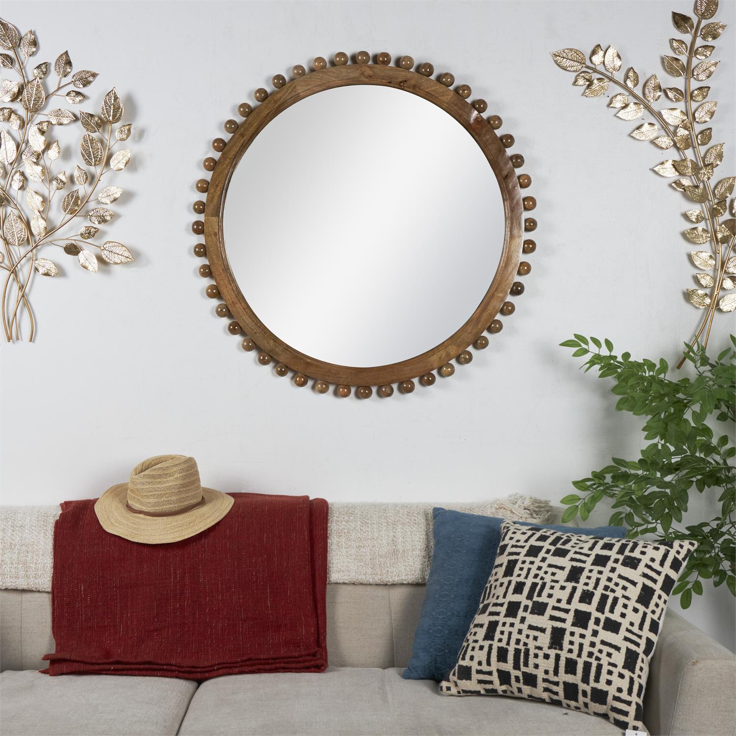 Mango Wood Wall Mirror With Beaded Detailing 35" X 2" X 35"