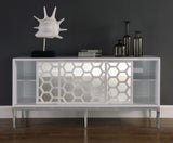Zoey Contemporary Sideboard Buffet with Mirrored Inserts, White Lacquer Finish & Storage Space