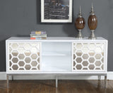 Zoey Contemporary Sideboard Buffet with Mirrored Inserts, White Lacquer Finish & Storage Space