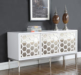 Zoey Contemporary Sideboard Buffet with Mirrored Inserts, White Lacquer Finish & Storage Space