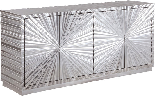 Silverton Contemporary Silver Leaf Sideboard with Hand-Carved Sunburst Design for Elegant Dining