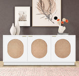 Cane Elegant Mid Century Sideboard Buffet with Natural Cane and Brushed Brass Handles for Storage
