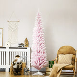 HOMCOM 7' Decorated Christmas Tree Snow Flocked Artificial Christmas Tree with Pencil Shape, Realistic Branches, Pink
