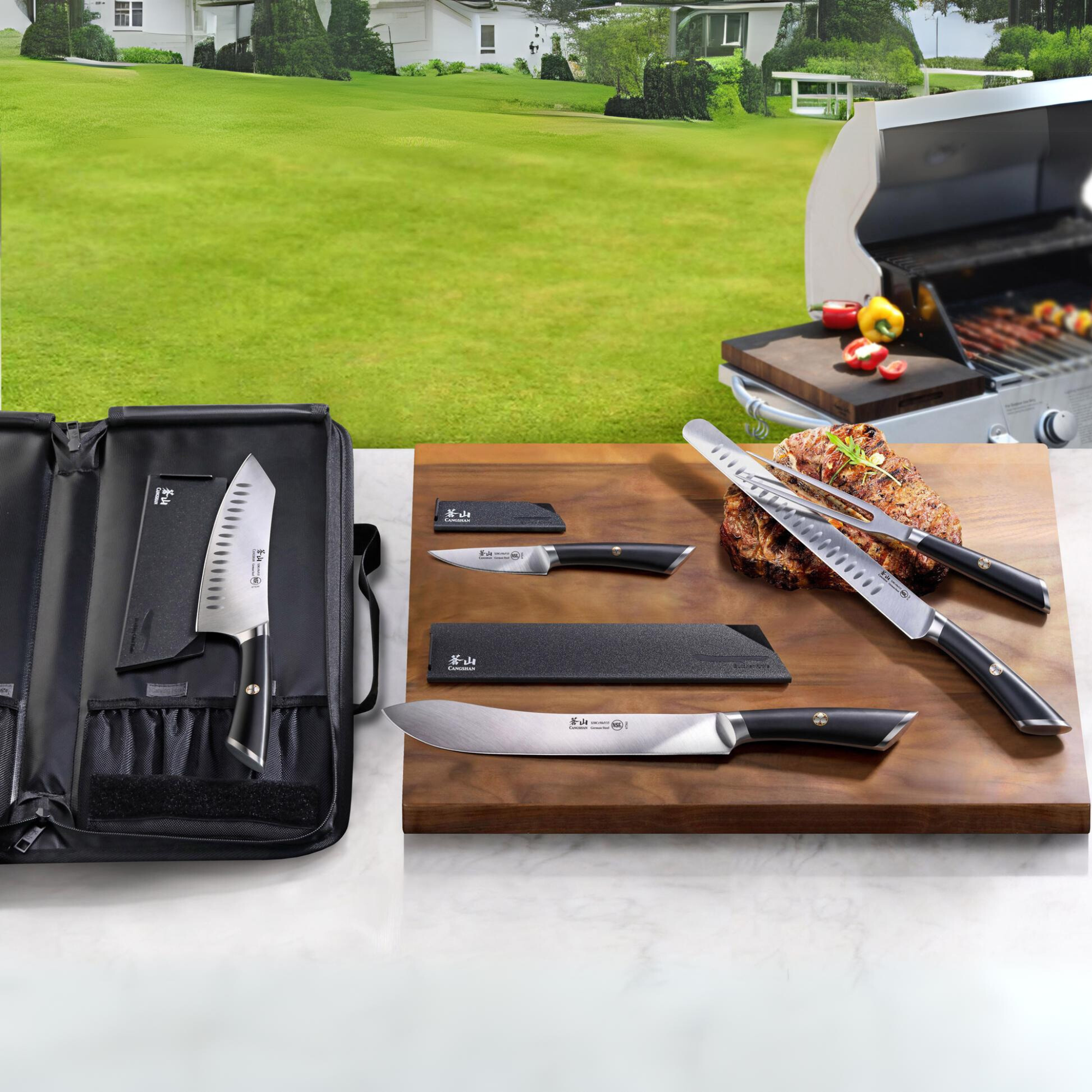 ELBERT Series 6-Piece BBQ Knife Kit with Black Knife Bag, Forged German Steel