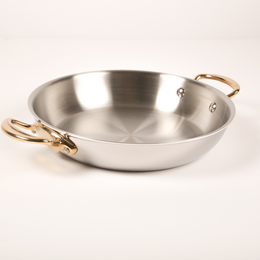 Mauviel M'COOK B 5-Ply Round Gratin Pan With Brass Handles Set, 9.4-In