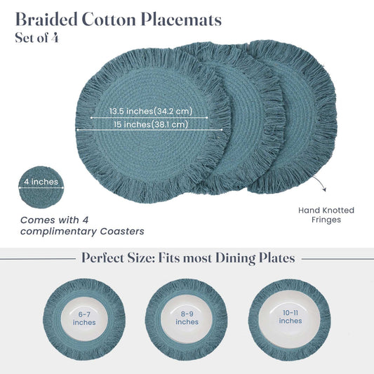 Blue Braided Cotton Placemats Set of 6 with Fringes