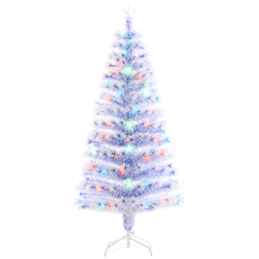 HOMCOM 5ft Tall Pre-Lit Douglas Fir Artificial Christmas Tree with Realistic Branches, Multi-Color LED Lights, Fiber Optics and 180 Tips, White/Blue