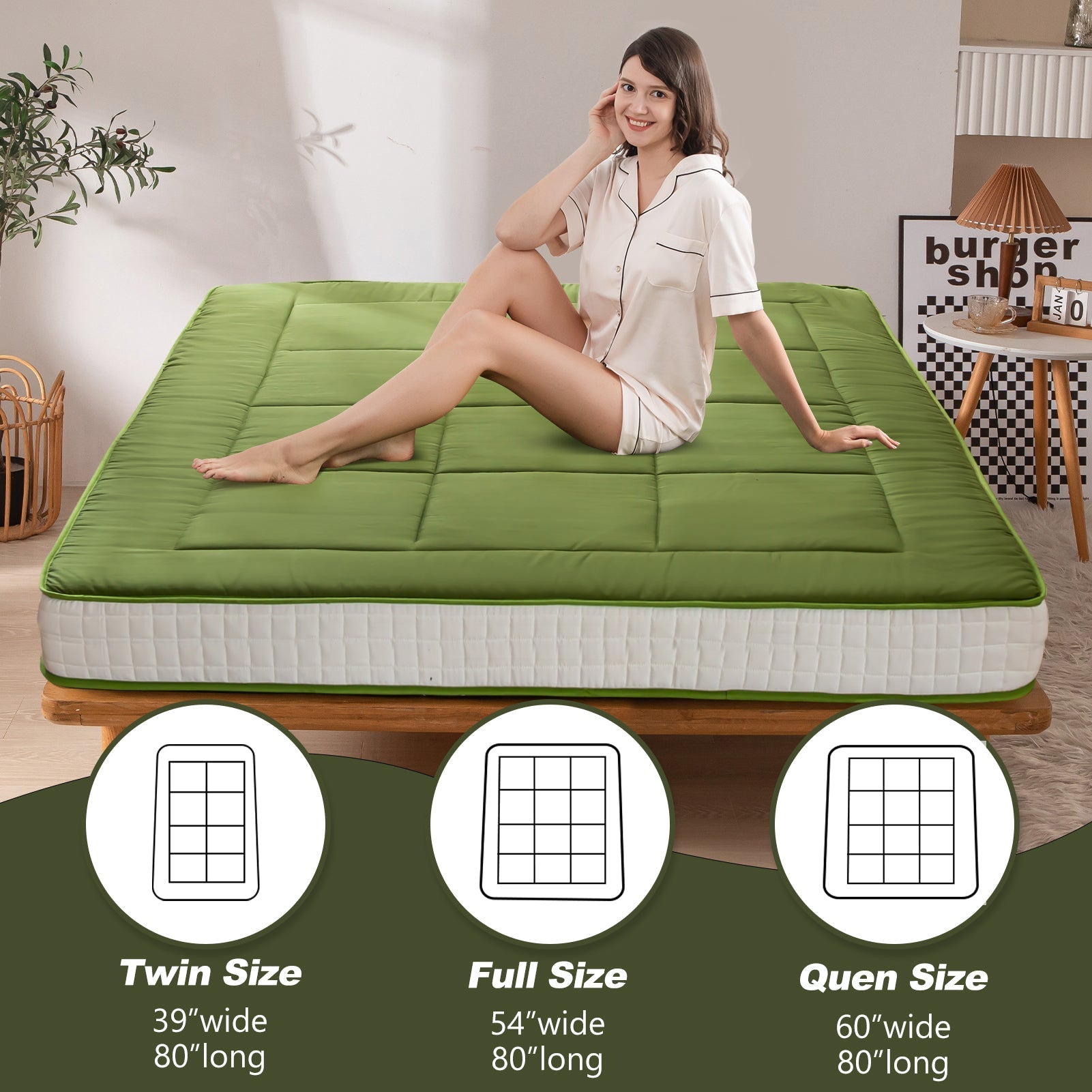 MAXYOYO Padded Japanese Floor Mattress, Green Foldable Roll Up Futon Mattress