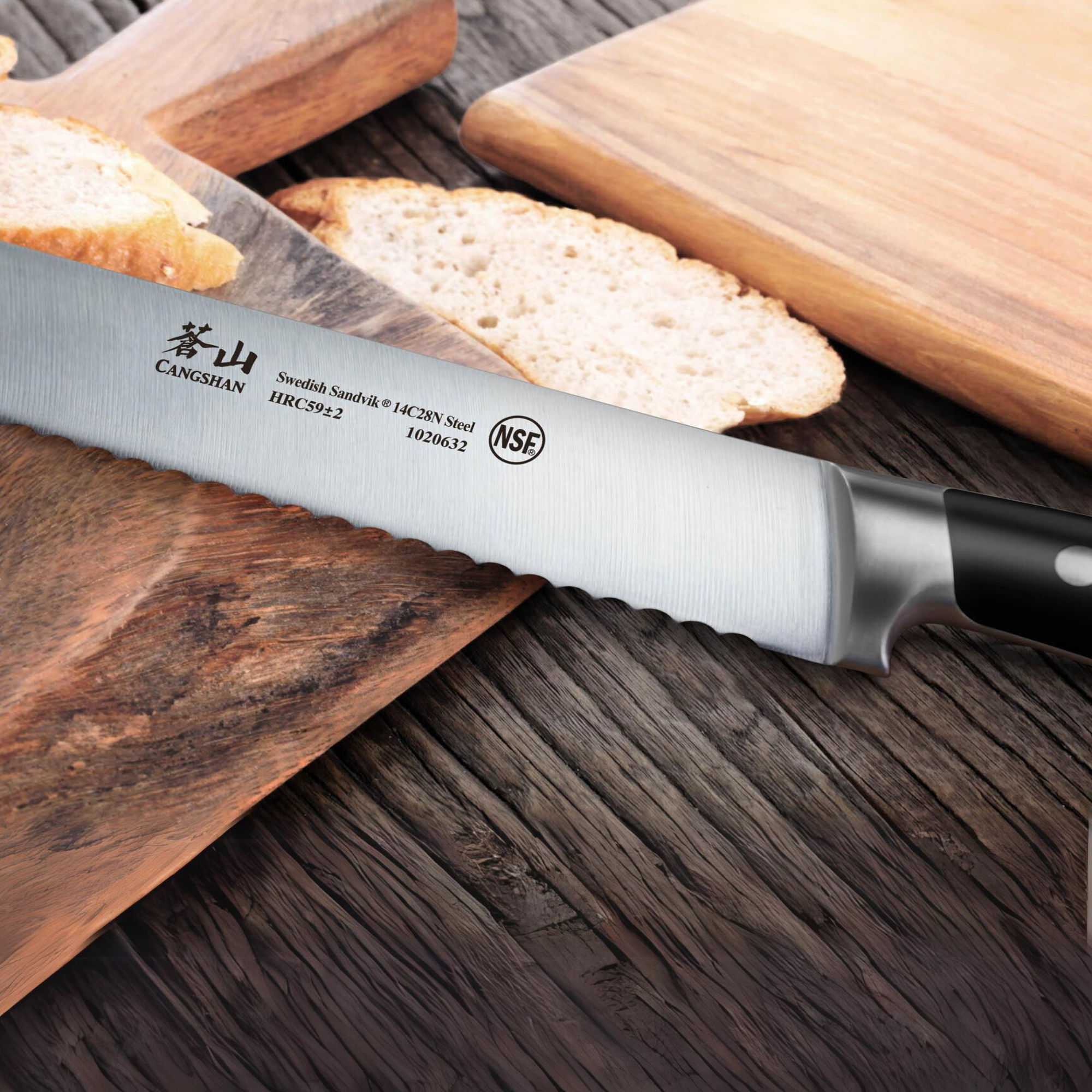 TS Series 10.25-Inch Bread Knife with Ash Wood Sheath, Forged Swedish 14C28N Steel, 1020649