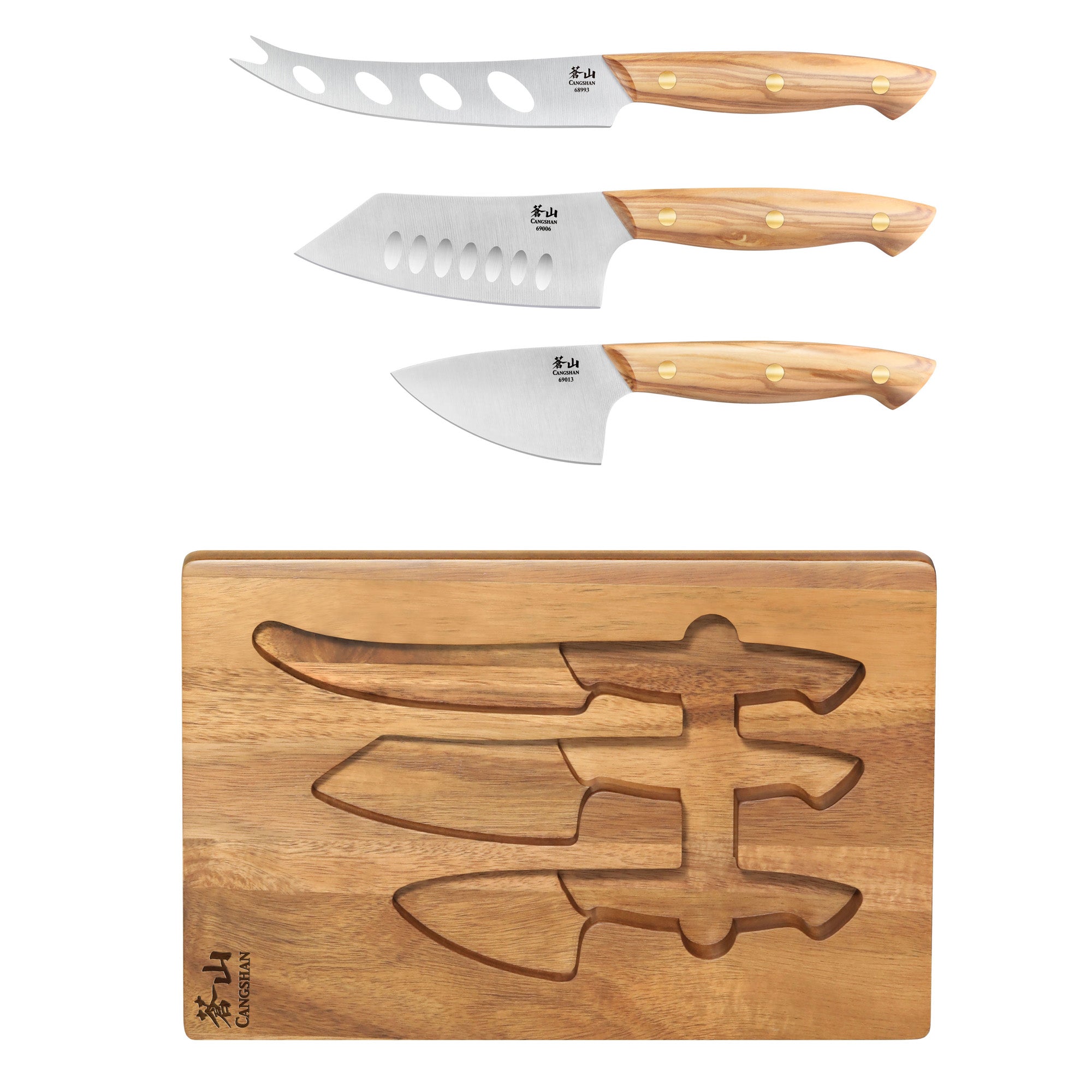 3-Piece Olive Wood Cheese Knife Set with Acacia Cheese Board, 1027327