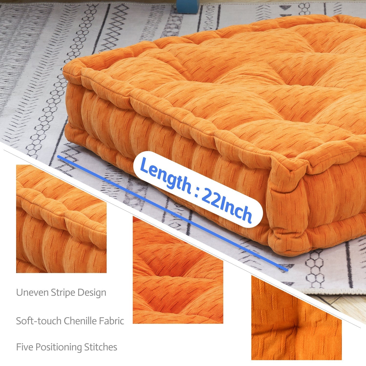 MAXYOYO Square Chenille Floor Pillow, Orange, 20"x20"x5.5"