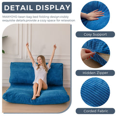 MAXYOYO Bean Bag Folding Sofa Bed with Corduroy Washable Cover, Extra Thick and Long Floor Sofa for Adults, Blue