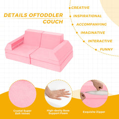 10-Piece Modular Convertible Kids Play Couch Sofa Set with Removable Velvet Covers (Pink)