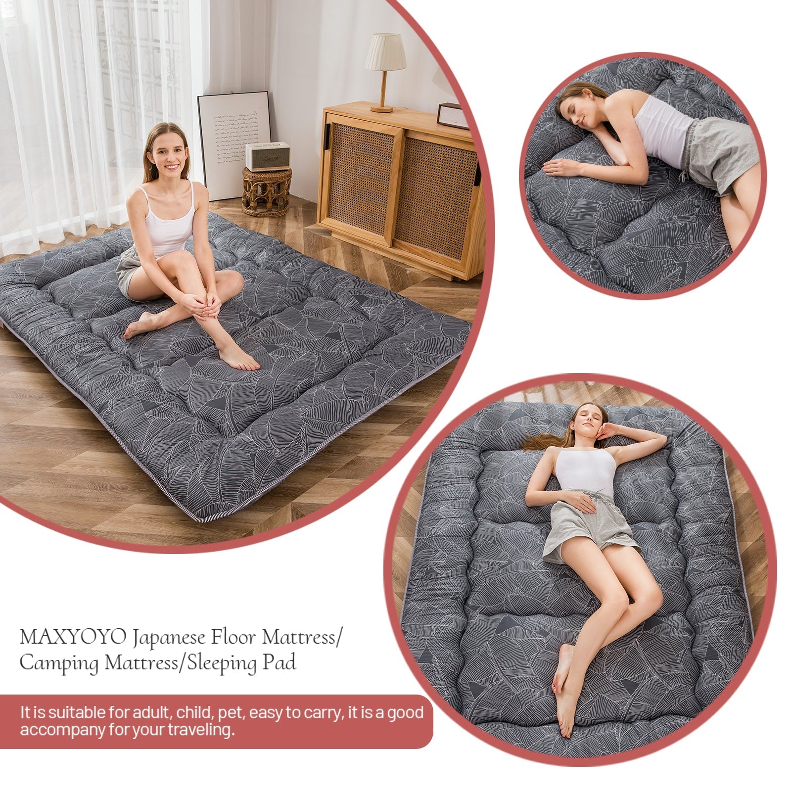 MAXYOYO Floor Mattress, Black Leaf Printed Japanese Futon Mattress