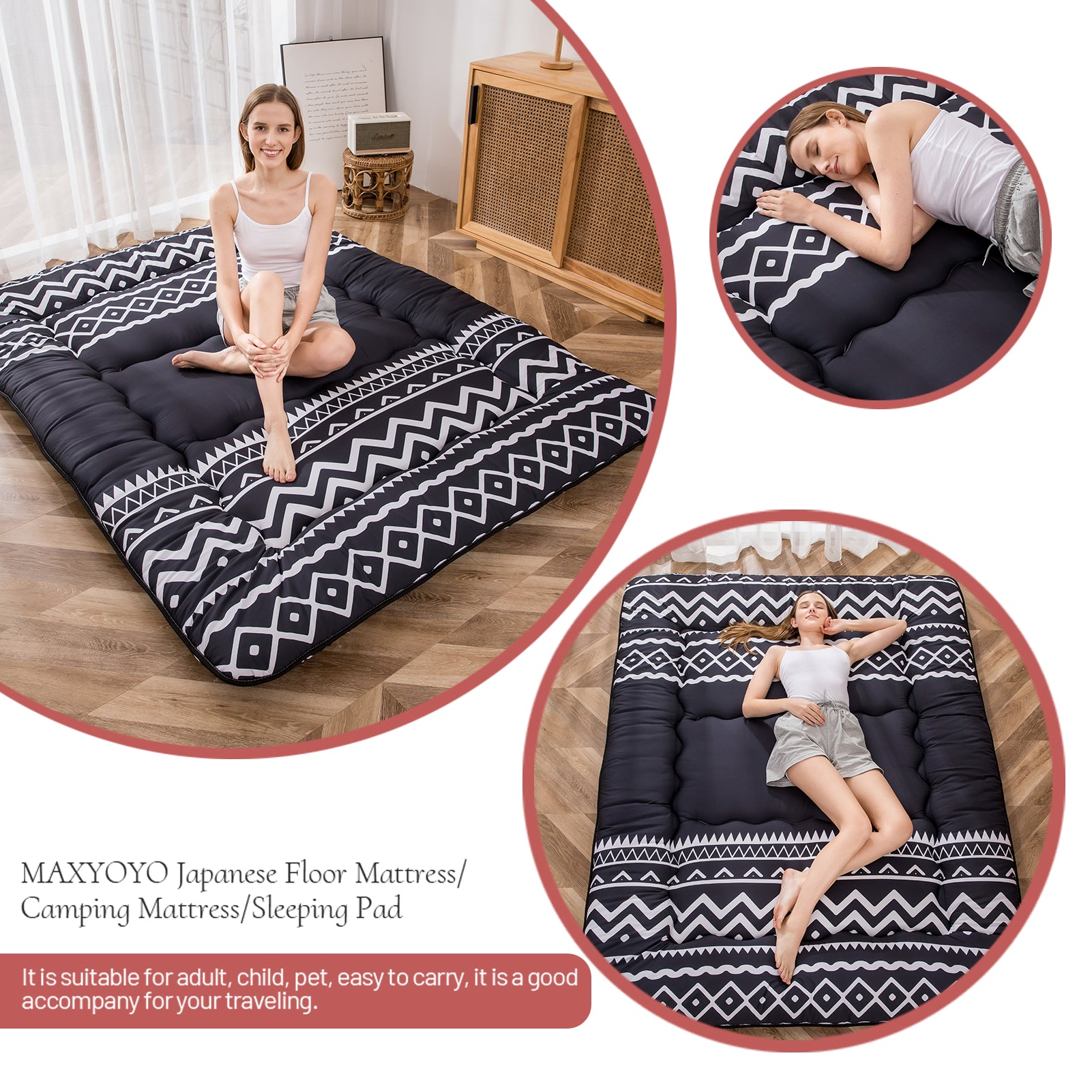 MAXYOYO Floor Mattress, Black Line Printed Futon Mattress,Easy-To-Clean Futon Mattress