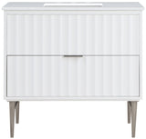 Modernist Quartz Bathroom Vanity with Elegant White Finish and Contemporary Gold Accents Design