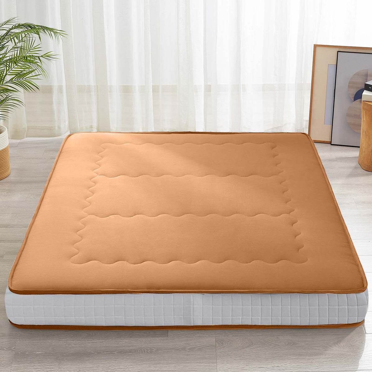 MAXYOYO 6" Extra Thick Floor Futon Mattress, Wave Quilted, Light Brown