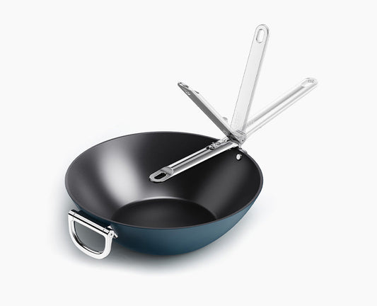 Space Folding Handle Ceramic Non-stick 32cm Blue Wok