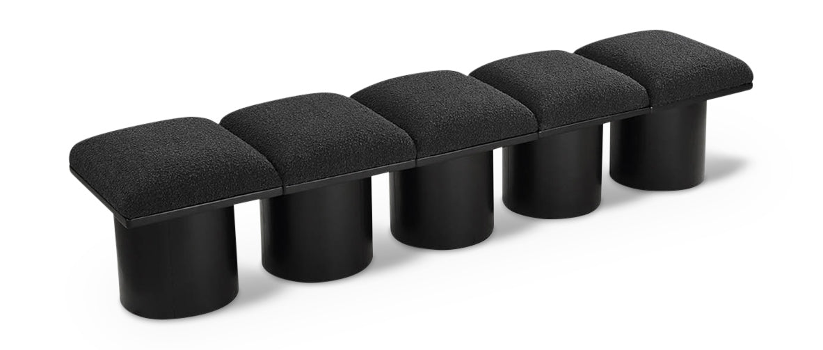 Pavilion Exquisite Black Boucle Fabric Bench with Art Deco Design and Luxurious Channel-Tufted Cushion