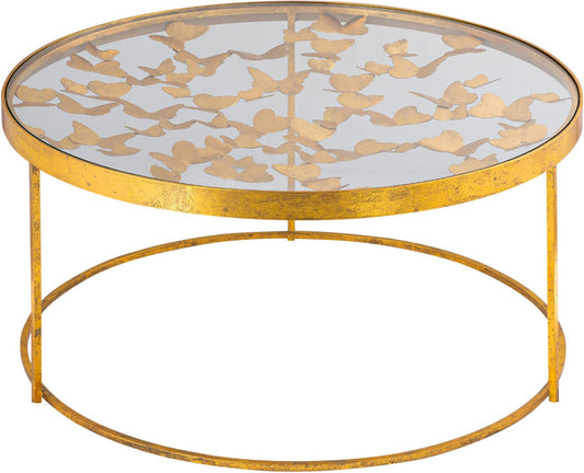 Butterfly Glass Coffee Table with Gold Foil Design and Sturdy Metal Legs for Contemporary Spaces