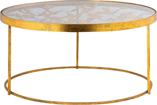 Butterfly Glass Coffee Table with Gold Foil Design and Sturdy Metal Legs for Contemporary Spaces