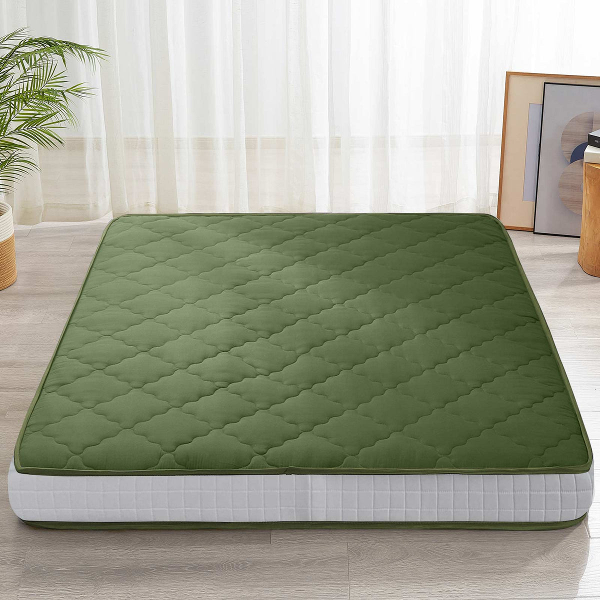 MAXYOYO 6" Extra Thick Diamond Wave Quilted Floor Futon Mattress, Topper Mattress Pad, Green