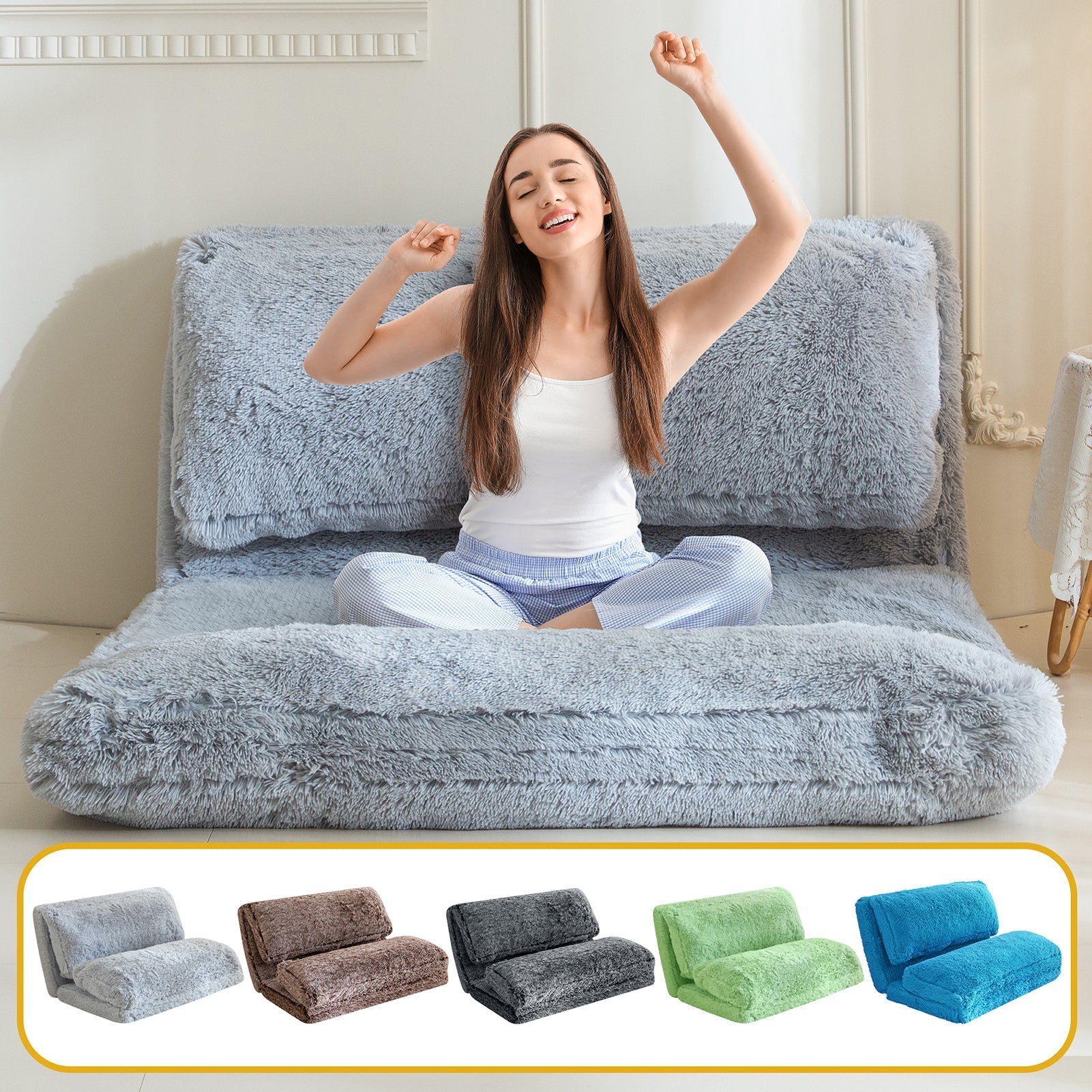 MAXYOYO Bean Bag Folding Floor Sofa Bed, Faux Fur Foam Filling Wall Couch Sleeper Chairs, Grey