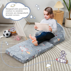 MAXYOYO Plush Foldable Kids Sofa, Shiny Children Couch Backrest Armchair Bed, Rocket Pattern