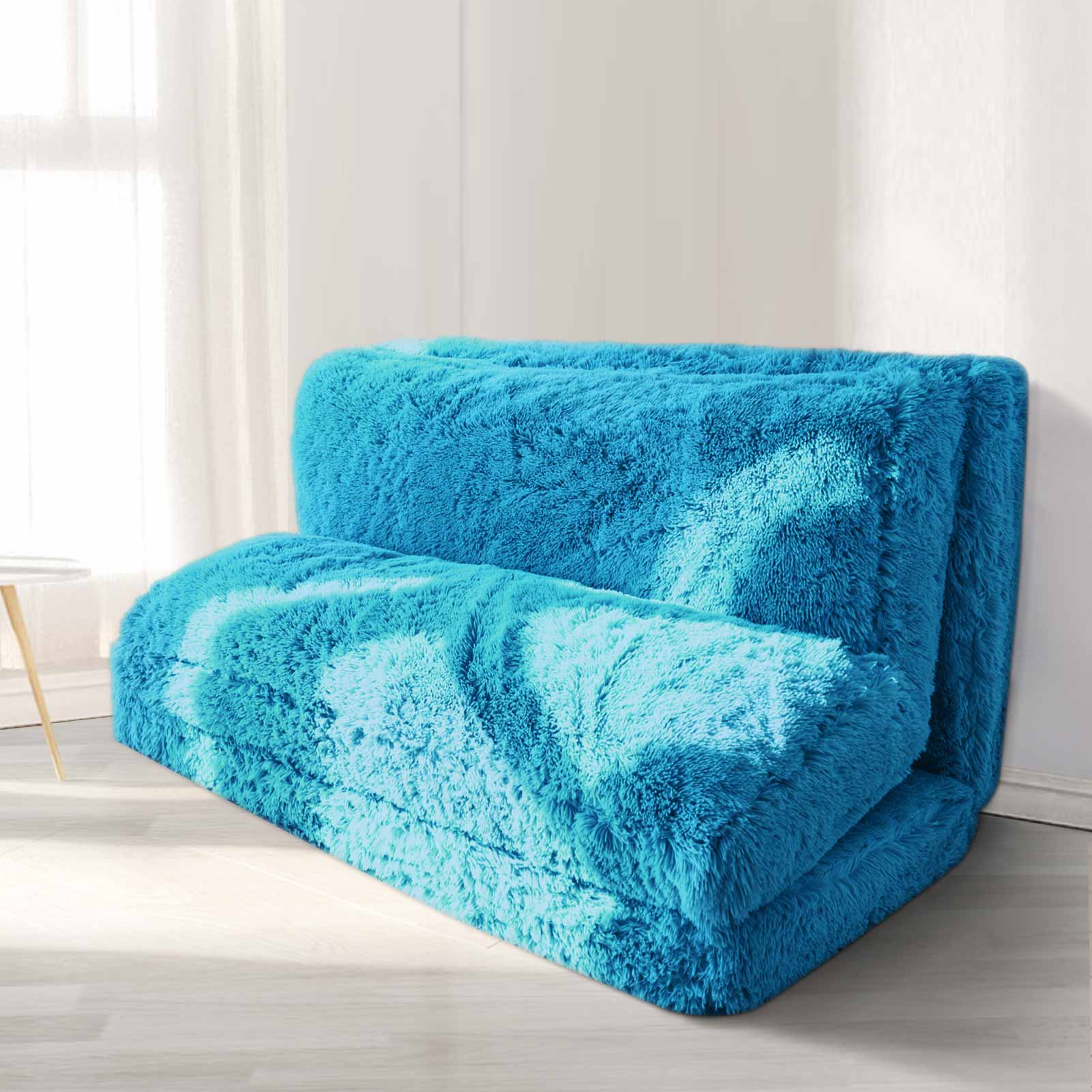 MAXYOYO Bean Bag Folding Floor Sofa Bed, Faux Fur Foam Filling Wall Couch Sleeper Chairs, Blue