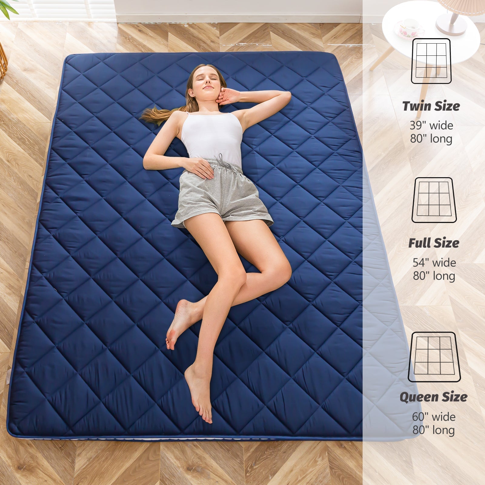 MAXYOYO Full Size Japanese Floor Mattress Quilted Mattress Topper, Navy