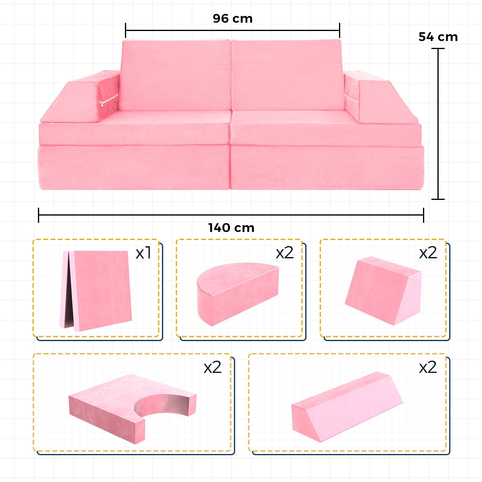 10-Piece Modular Convertible Kids Play Couch Sofa Set with Removable Velvet Covers (Pink)