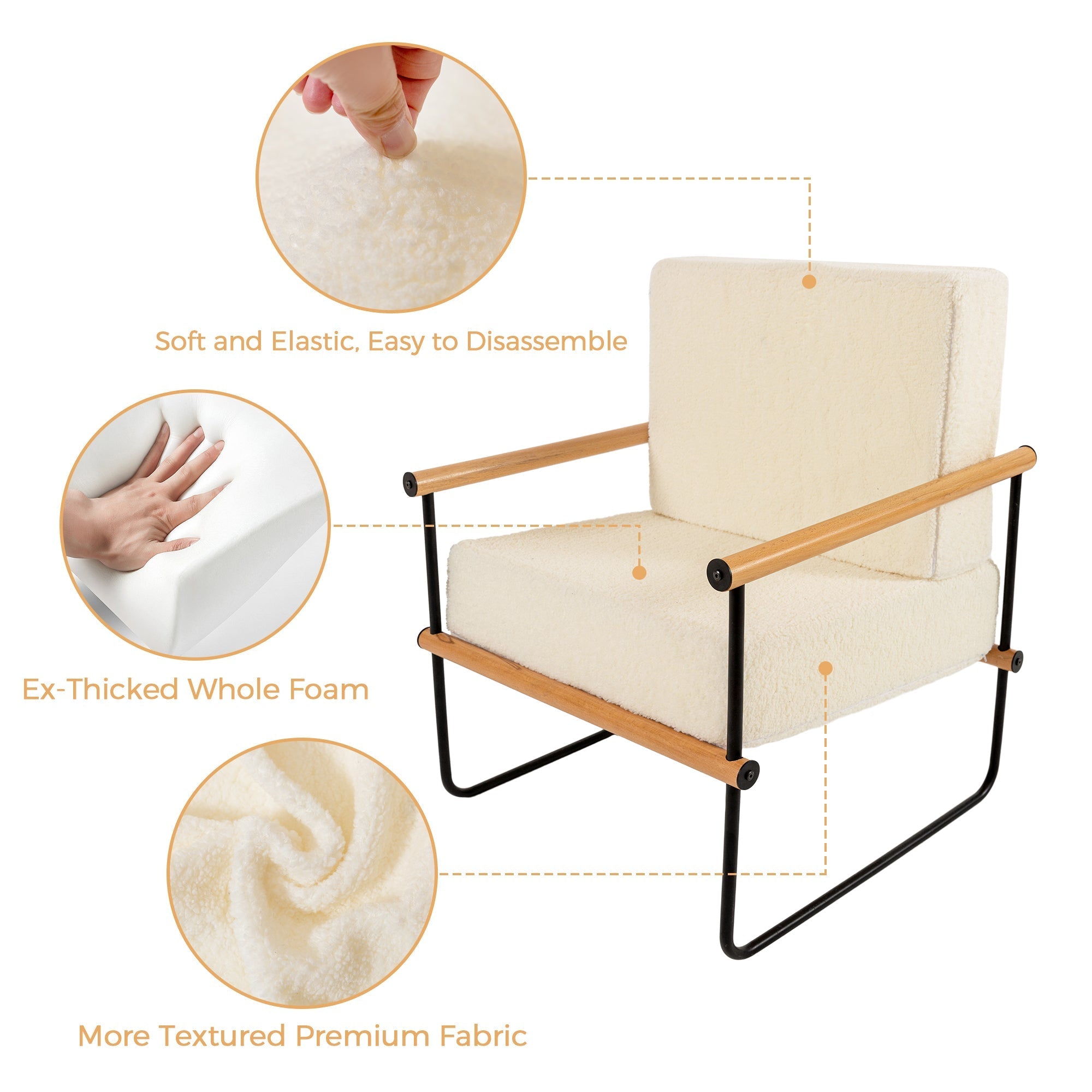 MAXYOYO White Framed Upholstered Armchair - Metal and Wood Accent Chair with Thick Upholstery