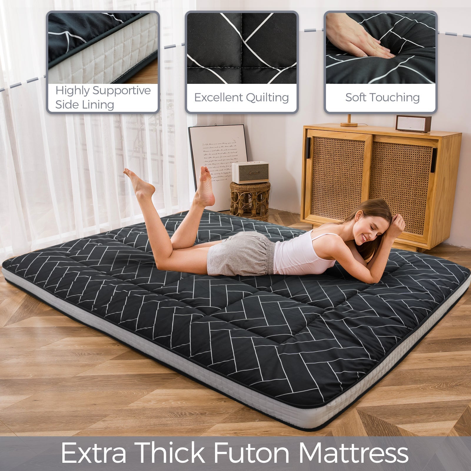 MAXYOYO Futon Mattress Japanese Floor Mattress, Black Geometric Pattern Futon Mattress