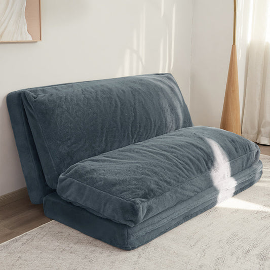 MAXYOYO Bean Bag Folding Sofa Bed, Multifunction Extra Thick Floor Sofa Bed with Faux Fur Washable Cover, Dusty Blue