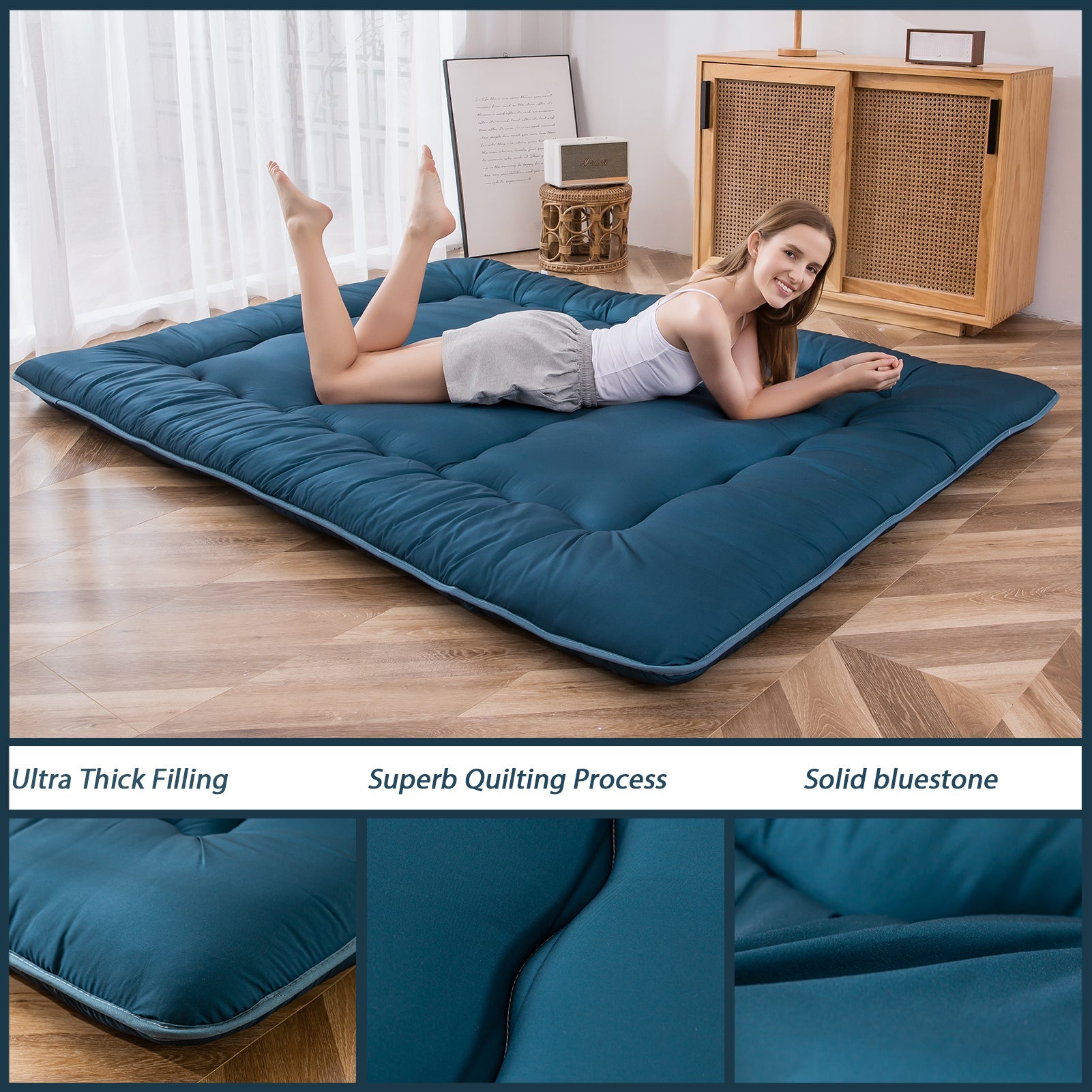 MAXYOYO Portable Futon Mattress,Japanese Floor Mattress, Bluestone