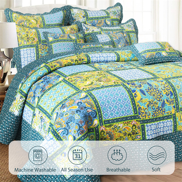 9pc Quilt Set -Patchwork 100% Cotton Bedspreads - Turquoise