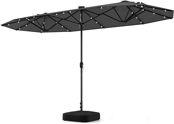 Tangkula 13FT Double-sided Patio Umbrella with Solar Lights, Large Twin Table Umbrella with Crank Handle