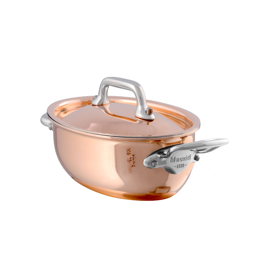 Mauviel M'MINIS Copper Oval Stew Pan With Lid, Stainless Steel Handles, 0.42-Qt