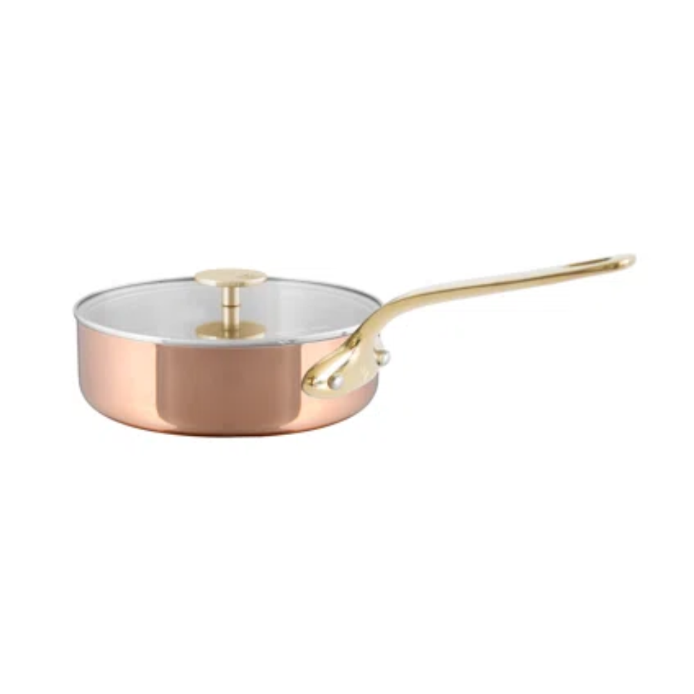 Mauviel M'TRIPLY B Polished Copper & Stainless Steel Saute Pan With Glass Lid, Brass Handles, 6-Qt